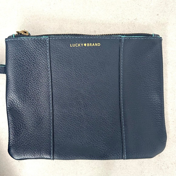 Lucky Brand Navy Blue Pebbled Leather Tote Bag with Teal Interior and Pouch - Picture 8 of 13